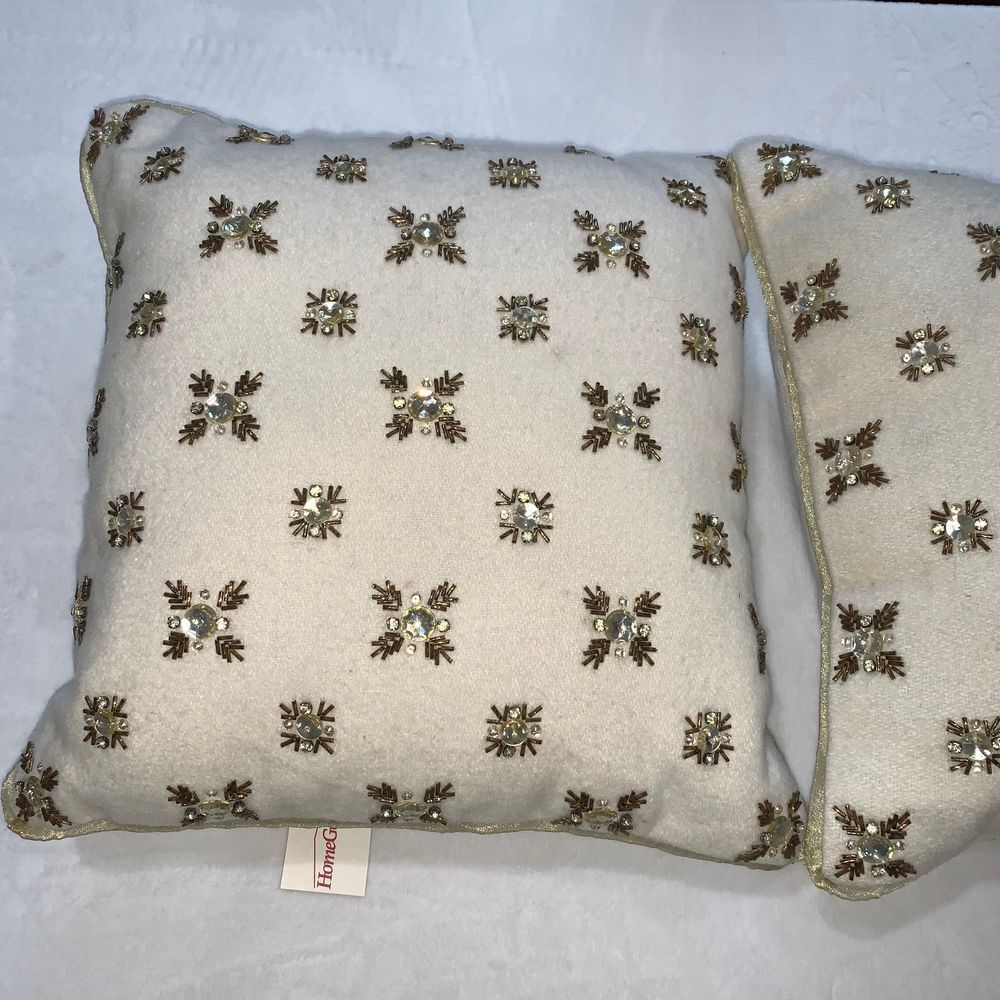Real lambs wool diamante encrusted‎ accent pillows cream gold 14 x 12 inches